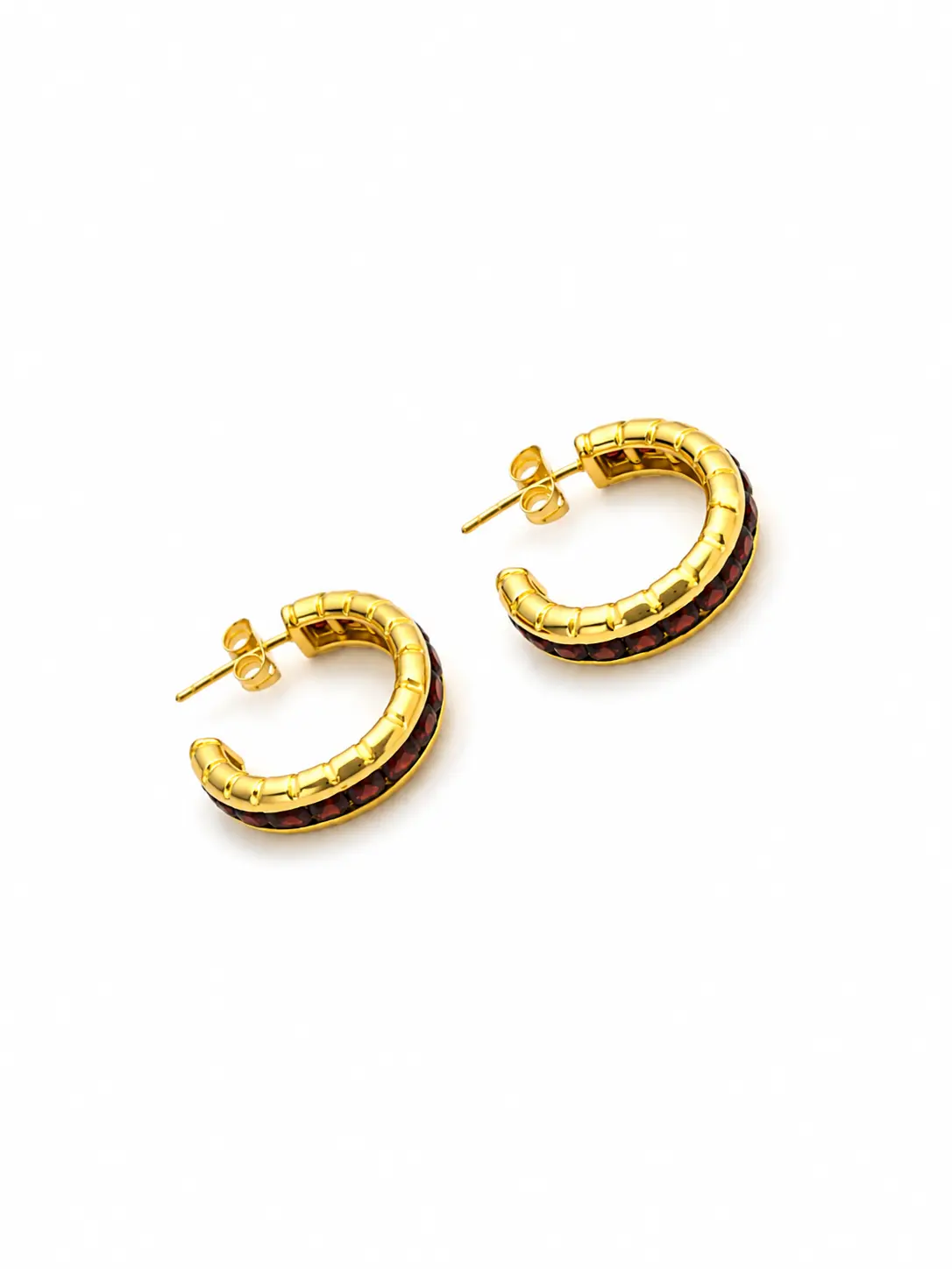 Gold Garnet Half Hoop Earrings