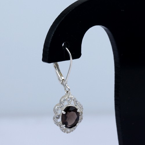 925 Silver Smoky Quartz and White Zircon Earring With Lever Back - Image 4