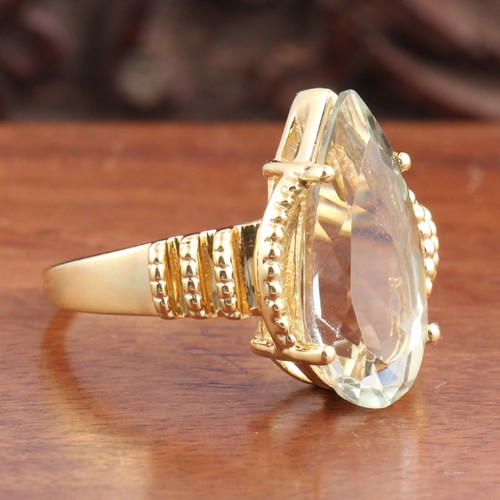 925 Silver Pear Shape Green Amethyst Ring With Yellow Gold Plating - Image 3