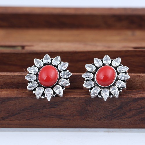 925 Silver Synthetic Coral And White Zircon Stud Earring - Image 3