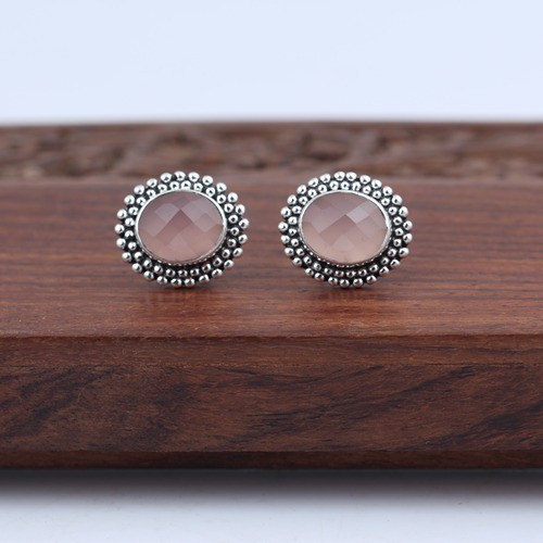 925 Silver Rose Quartz Stud Earring With Oxidize - Image 2