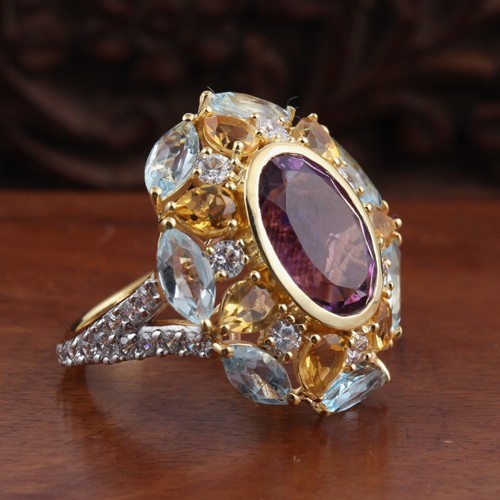 925 Silver Multi Color Stone Ring With Yellow Gold Plating - Image 2