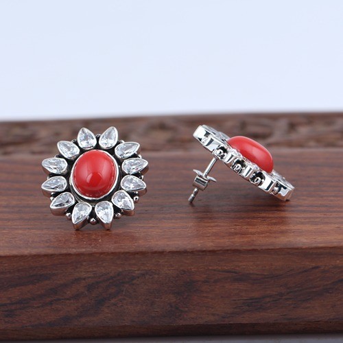 925 Silver Synthetic Coral And White Zircon Stud Earring - Image 2