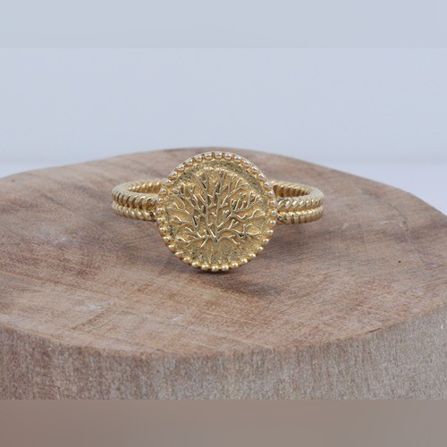 925 Silver Plain Twisted Wire And Embossed Tree Ring With Yellow Gold Plating - Image 1