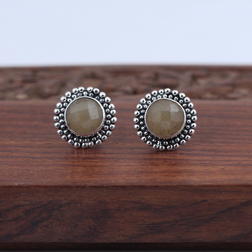 925 Silver Yellow Chalcedony Stud Earring With Oxidize - Image 1