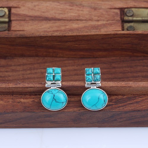 925 Silver Trendy Turquoise Oval And Square Earring - Image 2