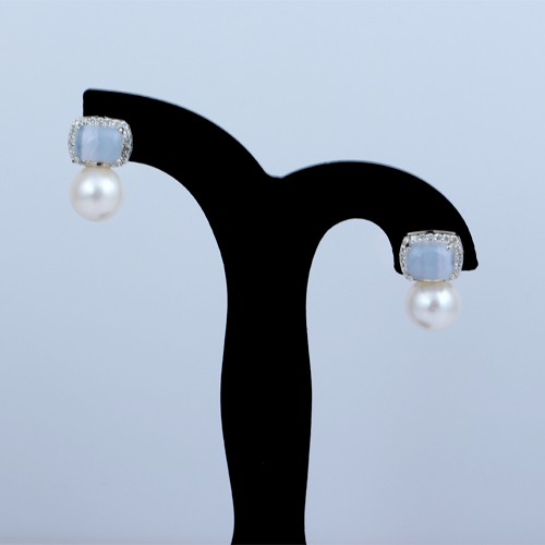 925 Silver Stud Earring With Blue Chalcedony, Pearl And White Zircon - Image 1