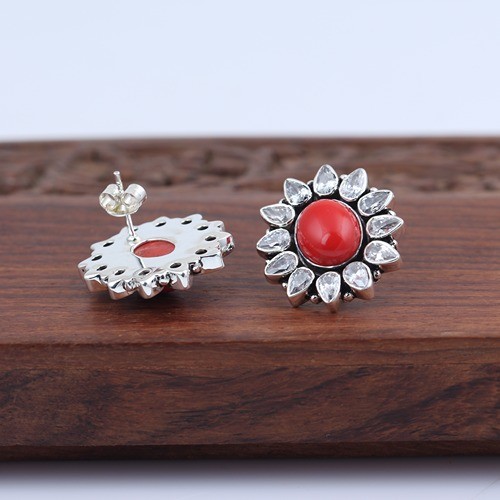 925 Silver Synthetic Coral And White Zircon Stud Earring - Image 4
