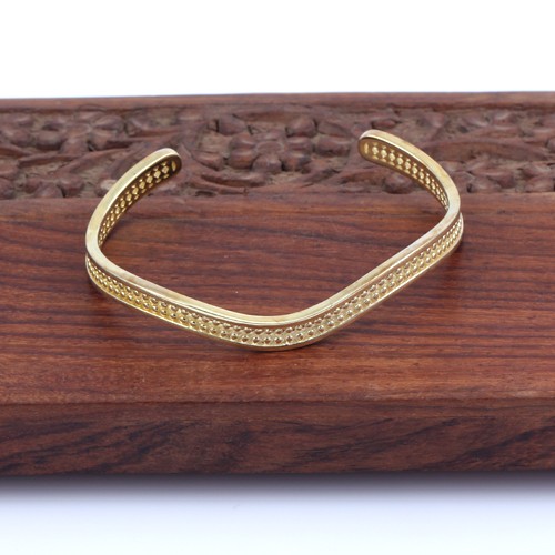 925 Silver Plain Wave And Dotted Cuff Bangle With 14K Yellow Gold Plating - Image 1