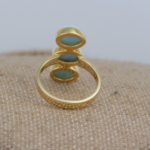 925 Silver Larimar Three Stone Ring With Yellow Gold Plating - Image 4