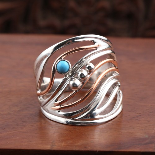 925 Silver Turquoise Big Look Two Tone Ring - Image 1