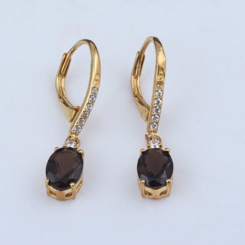 925 Silver Smoky Quartz and White Zircon Lever Back Earring With Yellow Gold Plating - Image 1