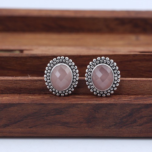 925 Silver Rose Quartz Stud Earring With Oxidize - Image 1