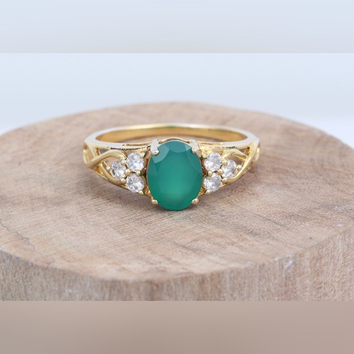 925 Silver Green Onyx And White Zircon Fine Ring With Yellow Gold Plating - Image 3