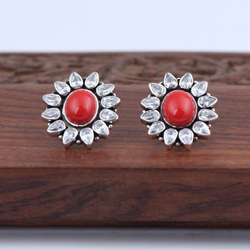 925 Silver Synthetic Coral And White Zircon Stud Earring - Image 1