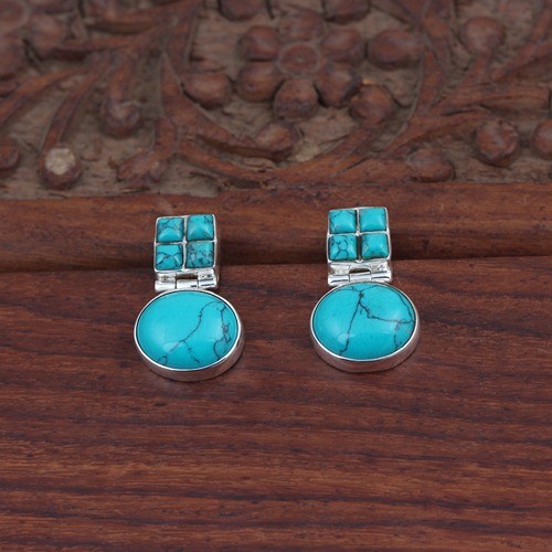 925 Silver Trendy Turquoise Oval And Square Earring - Image 1
