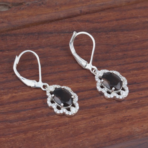925 Silver Smoky Quartz and White Zircon Earring With Lever Back - Image 3