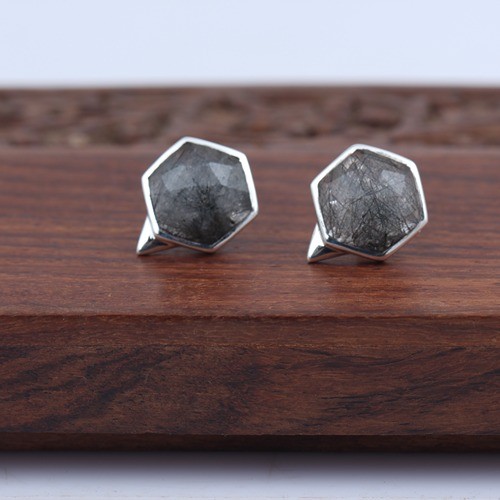925 Silver Black Rutile Hexagon Stud Earring - Image 1