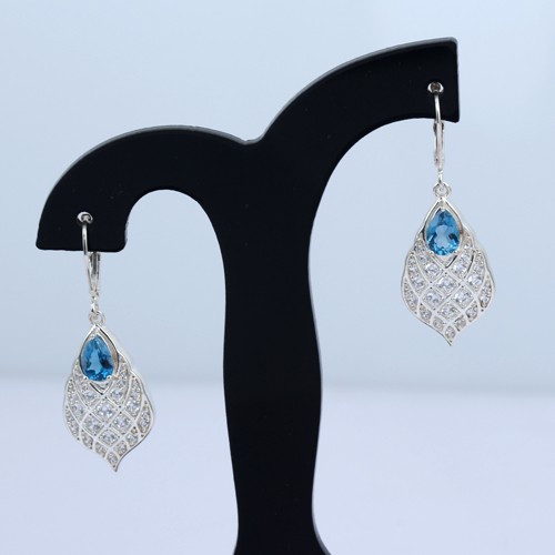 925 Silver London Blue Topaz And White Zircon Dangle Earring With Lever Back - Image 2