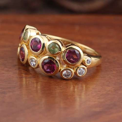925 Silver Multi Color Stone Bubble Ring With Yellow Gold Plating - Image 2