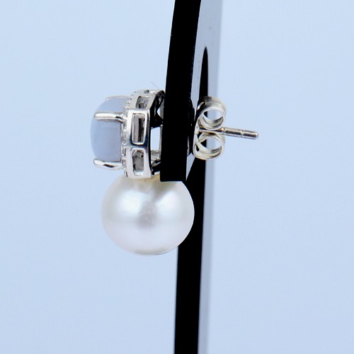 925 Silver Stud Earring With Blue Chalcedony, Pearl And White Zircon - Image 3
