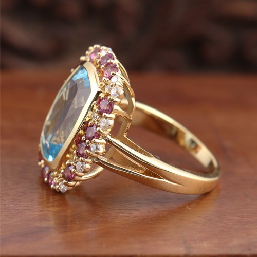 925 Silver Multi Color Stone Classic Ring With Yellow Gold Plating - Image 2