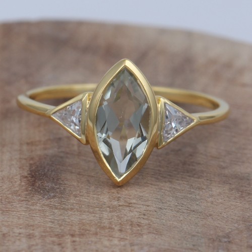 925 Silver Green Amethyst Marquise Shape Ring Yellow Gold Plating - Image 1