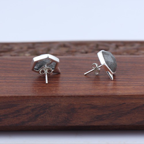 925 Silver Black Rutile Hexagon Stud Earring - Image 3