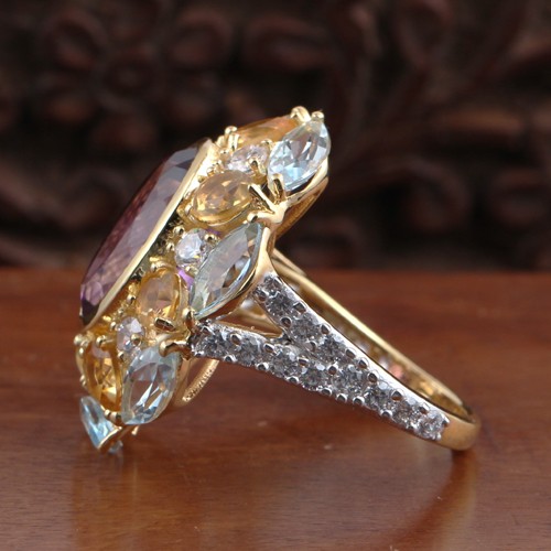 925 Silver Multi Color Stone Ring With Yellow Gold Plating - Image 3