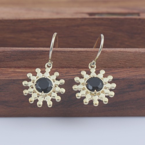 925 Silver Black Onyx Euro Wire Earring With Yellow Gold Plating - Image 4