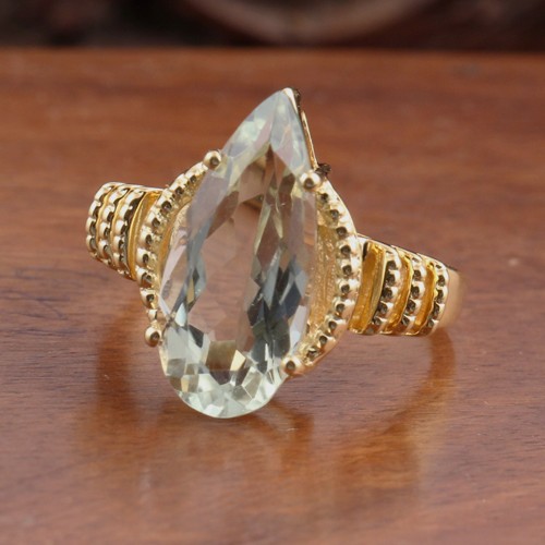 925 Silver Pear Shape Green Amethyst Ring With Yellow Gold Plating - Image 1