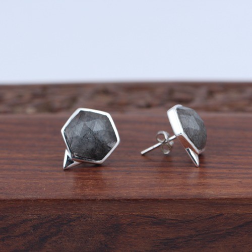 925 Silver Black Rutile Hexagon Stud Earring - Image 2