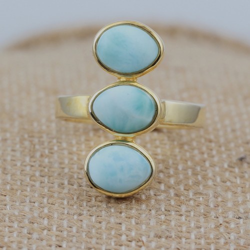925 Silver Larimar Three Stone Ring With Yellow Gold Plating - Image 2