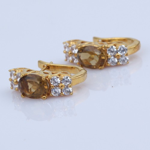 925 Silver Citrine And White Zircon Earring With English Lock And Yellow Gold Plating - Image 1