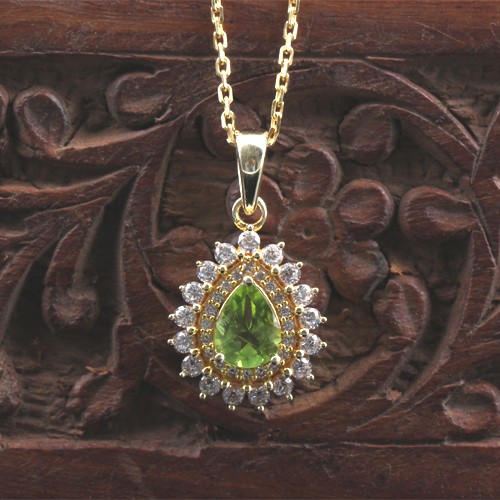 925 Silver Pendant Necklace With Peridot and White Zircon With Yellow Gold Plating - Image 2