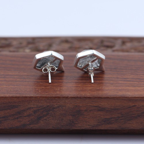 925 Silver Black Rutile Hexagon Stud Earring - Image 4