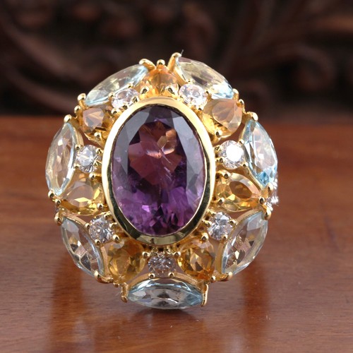 925 Silver Multi Color Stone Ring With Yellow Gold Plating - Image 1