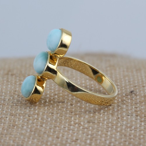 925 Silver Larimar Three Stone Ring With Yellow Gold Plating - Image 3