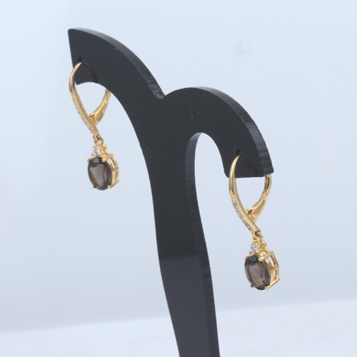 925 Silver Smoky Quartz and White Zircon Lever Back Earring With Yellow Gold Plating - Image 3