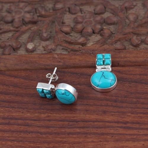 925 Silver Trendy Turquoise Oval And Square Earring - Image 3
