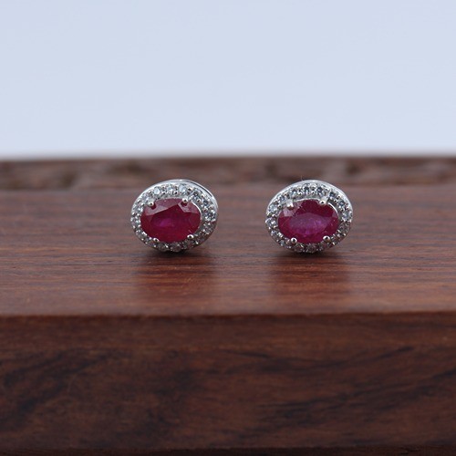 925 Silver Glassfilled Ruby With White Zircon Stud Earring - Image 2
