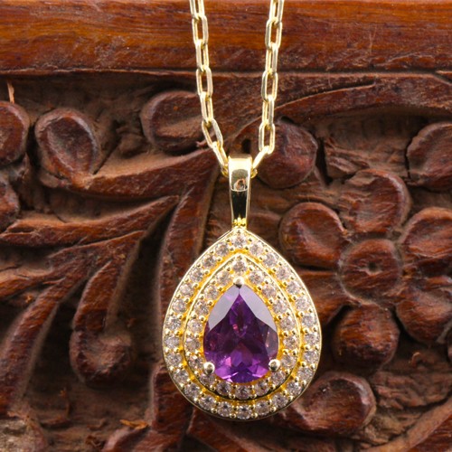 925 Silver Amethyst and White Zircon Pendant Necklace With yellow Gold Plating - Image 2