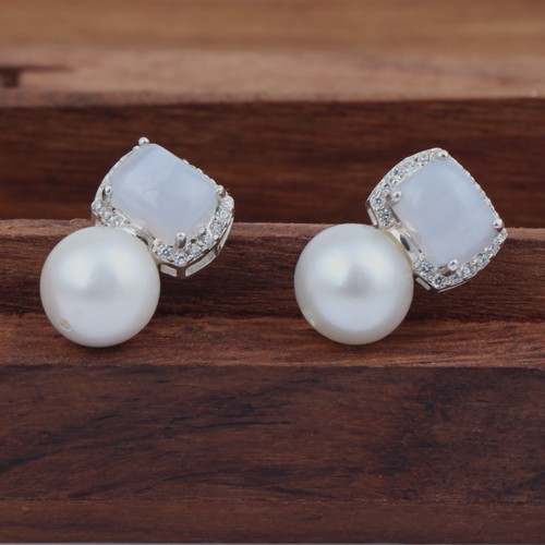 925 Silver Stud Earring With Blue Chalcedony, Pearl And White Zircon - Image 2