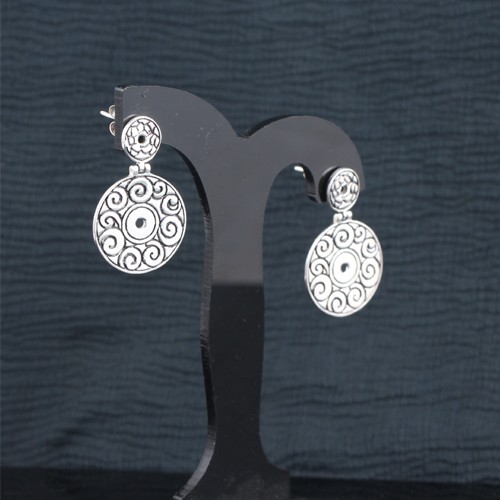 925 Silver Designer Circle Plain Dangle Earring - Image 2